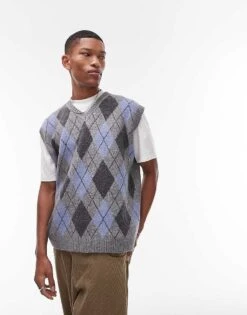 Topman Knitted Vest In Grey & Blue Argyle For Men Grey / Blue 9 Topman Knitted Vest In Grey & Blue Argyle For Men Grey / Blue -Daily Wardrobe Shop 207655988 3