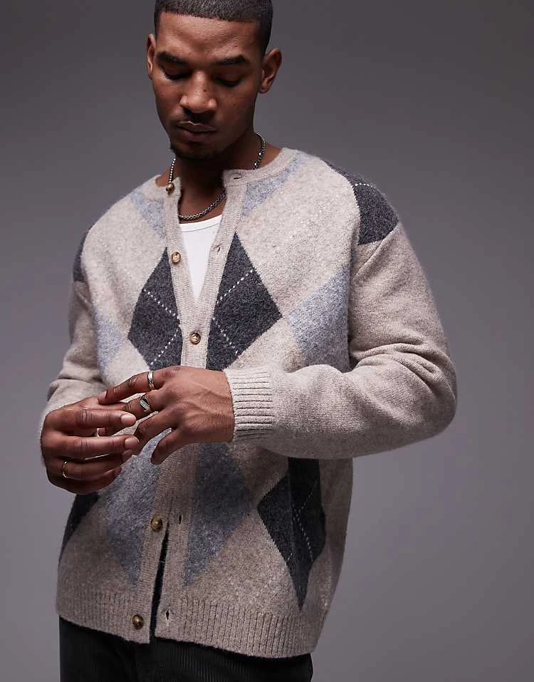 Topman Round Collared Cardigan In Beige Argyle For Men 3 Topman Round Collared Cardigan In Beige Argyle For Men