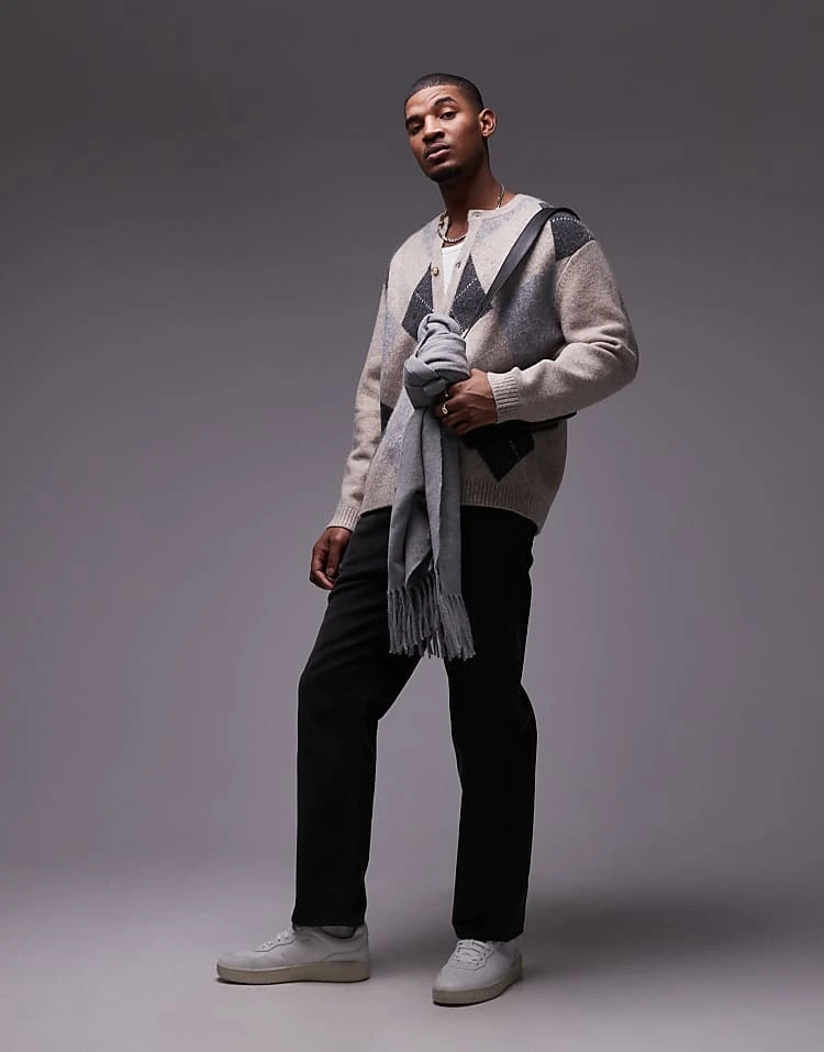 Topman Round Collared Cardigan In Beige Argyle For Men 4 Topman Round Collared Cardigan In Beige Argyle For Men - Image 2