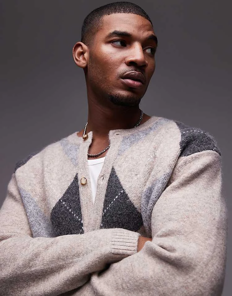 Topman Round Collared Cardigan In Beige Argyle For Men 5 Topman Round Collared Cardigan In Beige Argyle For Men - Image 3