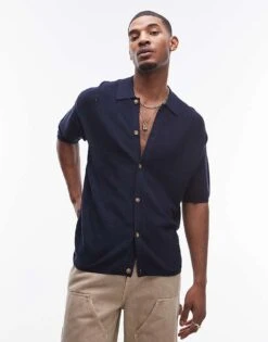 Topman Pointelle Knit Polo Shirt In Navy For Men -Daily Wardrobe Shop 207702115 1 navy 1