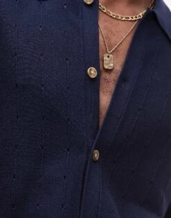 Topman Pointelle Knit Polo Shirt In Navy For Men -Daily Wardrobe Shop 207702115 3