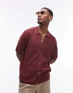 Topman Pointelle Knit Polo Shirt In Burgundy For Men -Daily Wardrobe Shop 207702131 1 burgundy 1