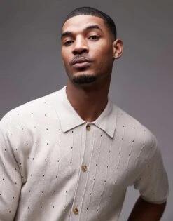 Topman Pointelle Knit Polo Shirt In Stone For Men