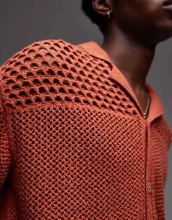 Topman Open Knit Pattern Polo In Rust For Men -Daily Wardrobe Shop 207702148 3