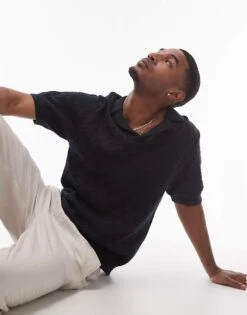 Topman Crochet Pattern Polo In Black For Men -Daily Wardrobe Shop 207702179 3