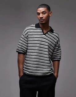 Topman Knitted Stripe Polo In Monochrome For Men