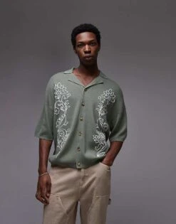 Topman Dual Floral Embroidered Revere Polo In Sage For Men