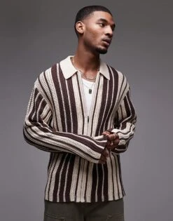 Topman Knitted Long Sleeve Polo In Brown And Ecru Stripe For Men Multi