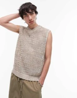 Topman Crochet Twist Yarn Vest In Stone For Men