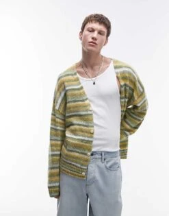 Topman Oversized Cardigan In Green & Yellow Stripe For Men -Daily Wardrobe Shop 207730327 1 green 1