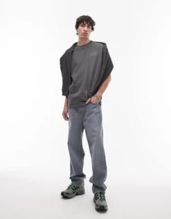 Topman Oversized Fit T-shirt With Front And Back Swing Tag Print And Embroidery In Charcoal For Men -Daily Wardrobe Shop 207771577 2