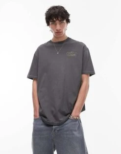 Topman Oversized Fit T-shirt With Front And Back Swing Tag Print And Embroidery In Charcoal For Men -Daily Wardrobe Shop 207771577 3