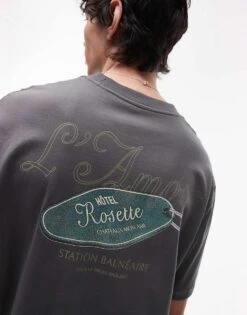 Topman Oversized Fit T-shirt With Front And Back Swing Tag Print And Embroidery In Charcoal For Men -Daily Wardrobe Shop 207771577 4