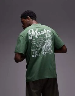 Topman Oversized Fit T-shirt With Front And Back Market Print In Washed Green For Men