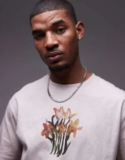 Topman Oversized Fit T-shirt With Front And Back Daffodils Print In Stone For Men Grey -Daily Wardrobe Shop 207922538 2