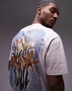 Topman Oversized Fit T-shirt With Front And Back Daffodils Print In Stone For Men Grey -Daily Wardrobe Shop 207922538 3