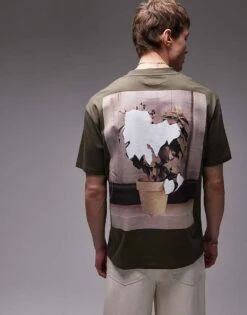 Topman Oversized Fit T-shirt With Front And Back Collage Plant Print In Khaki For Men -Daily Wardrobe Shop 207944097 1 khaki 1