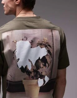 Topman Oversized Fit T-shirt With Front And Back Collage Plant Print In Khaki For Men -Daily Wardrobe Shop 207944097 3
