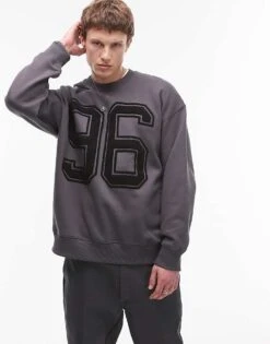 Topman Oversized Fit Sweatshirt With 96 Embroidery In Charcoal For Men