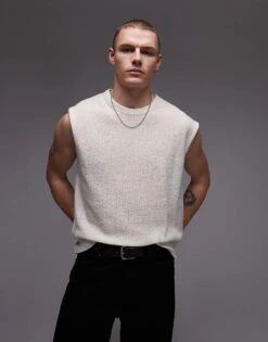 Topman Oversized Fit Tank With Knitted Texture In Ecru For Men