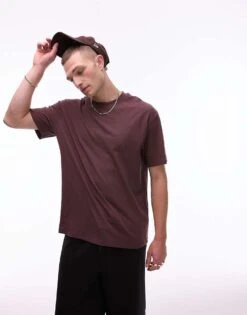 Topman Oversized Fit T-shirt With Linen Blend In Brown For Men