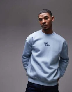 Topman Oversized Fit Sweatshirt With Floral Embroidery In Blue For Men -Daily Wardrobe Shop 207973872 1 blue 1