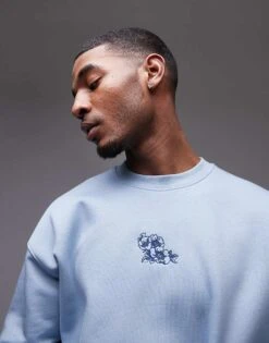 Topman Oversized Fit Sweatshirt With Floral Embroidery In Blue For Men -Daily Wardrobe Shop 207973872 2