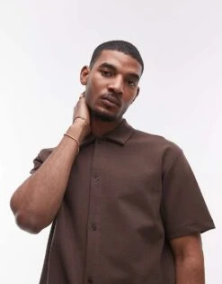 Topman Premium Oversized Fit Button Through Interlock Jersey Shirt In Brown For Men -Daily Wardrobe Shop 207979612 3