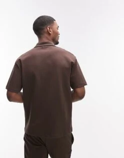 Topman Premium Oversized Fit Button Through Interlock Jersey Shirt In Brown For Men -Daily Wardrobe Shop 207979612 4