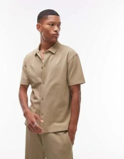 Topman Premium Oversized Fit Button Through Interlock Jersey Shirt In Light Khaki For Men -Daily Wardrobe Shop 207979620 1 lightkhaki 1