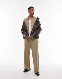 Topman Premium Oversized Fit Button Through Interlock Jersey Shirt In Light Khaki For Men -Daily Wardrobe Shop 207979620 3