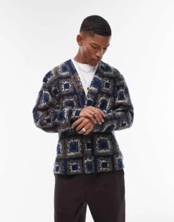 Topman Oversized Fit Jacquard Cardigan In Navy For Men