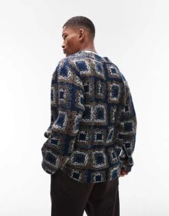 Topman Oversized Fit Jacquard Cardigan In Navy For Men -Daily Wardrobe Shop 207983594 4