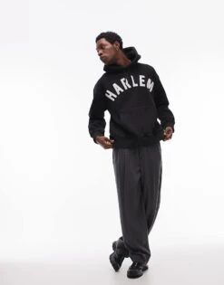 Topman Oversized Fit Hoodie With Harlem Print In Black For Men -Daily Wardrobe Shop 208044344 2