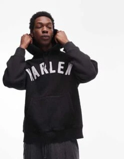 Topman Oversized Fit Hoodie With Harlem Print In Black For Men -Daily Wardrobe Shop 208044344 3