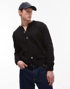 Topman Crew Neck Button Through Cardigan In Black For Men Charcoal