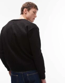 Topman Crew Neck Button Through Cardigan In Black For Men Charcoal -Daily Wardrobe Shop 208139391 4