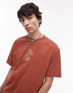 Topman Oversized Fit T-shirt With Daisy Embroidery In Brown For Men -Daily Wardrobe Shop 208159411 1 brown 1