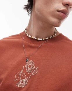 Topman Oversized Fit T-shirt With Daisy Embroidery In Brown For Men -Daily Wardrobe Shop 208159411 4