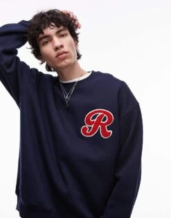 Topman Oversized Fit Sweatshirt With Letter Chenille Embroidery In Navy For Men 11 Topman Oversized Fit Sweatshirt With Letter Chenille Embroidery In Navy For Men -Daily Wardrobe Shop 208194283 1 navy 1