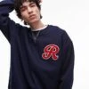 Topman Oversized Fit Sweatshirt With Letter Chenille Embroidery In Navy For Men -Daily Wardrobe Shop 208194283 1 navy