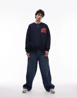 Topman Oversized Fit Sweatshirt With Letter Chenille Embroidery In Navy For Men 9 Topman Oversized Fit Sweatshirt With Letter Chenille Embroidery In Navy For Men -Daily Wardrobe Shop 208194283 3