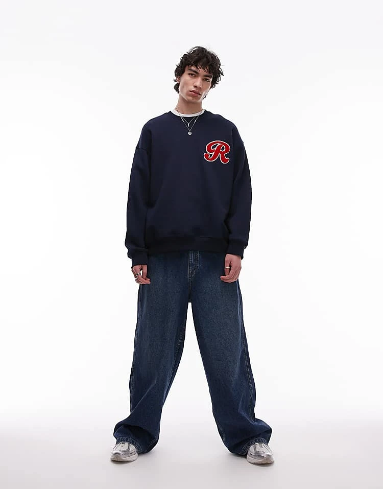 Topman Oversized Fit Sweatshirt With Letter Chenille Embroidery In Navy For Men 5 Topman Oversized Fit Sweatshirt With Letter Chenille Embroidery In Navy For Men - Image 3
