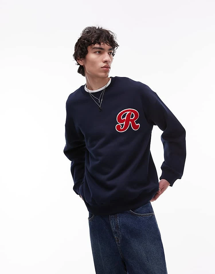 Topman Oversized Fit Sweatshirt With Letter Chenille Embroidery In Navy For Men 6 Topman Oversized Fit Sweatshirt With Letter Chenille Embroidery In Navy For Men - Image 4