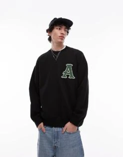 Topman Oversized Fit Sweatshirt With Letter Chenille Embroidery In Black For Men