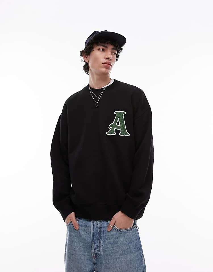 Topman Oversized Fit Sweatshirt With Letter Chenille Embroidery In Black For Men 3 Topman Oversized Fit Sweatshirt With Letter Chenille Embroidery In Black For Men