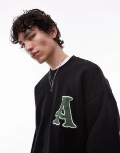 Topman Oversized Fit Sweatshirt With Letter Chenille Embroidery In Black For Men 9 Topman Oversized Fit Sweatshirt With Letter Chenille Embroidery In Black For Men -Daily Wardrobe Shop 208194284 3