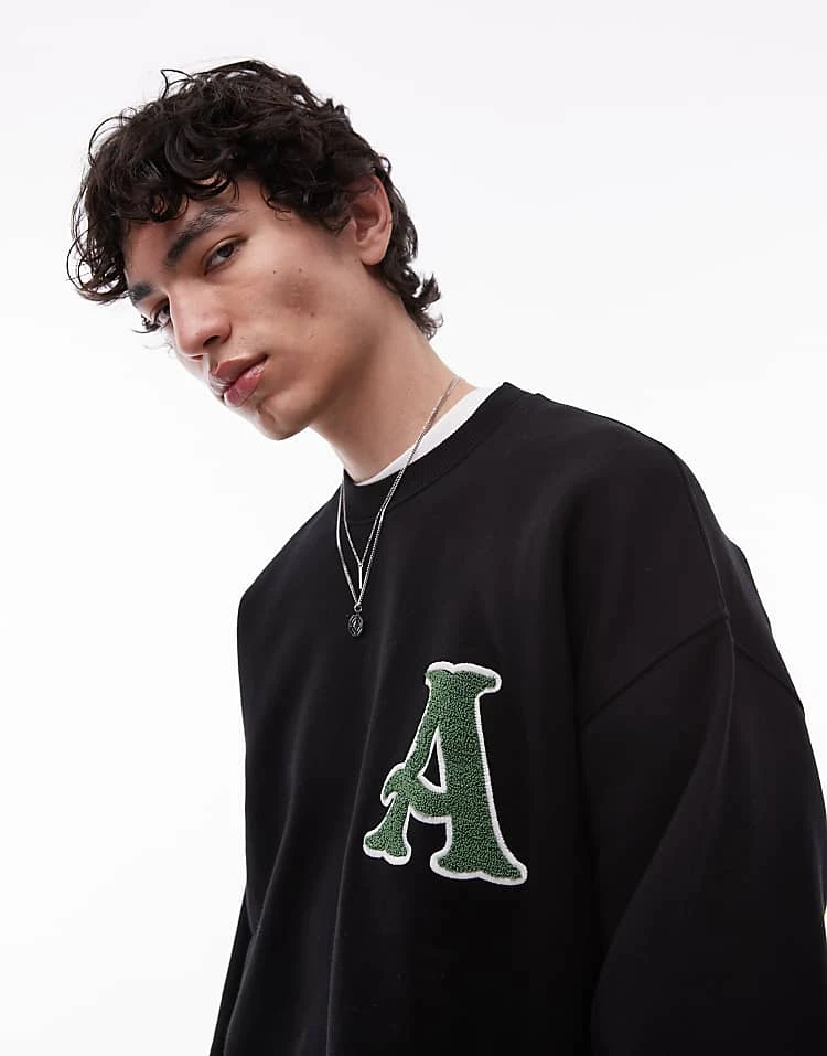 Topman Oversized Fit Sweatshirt With Letter Chenille Embroidery In Black For Men 5 Topman Oversized Fit Sweatshirt With Letter Chenille Embroidery In Black For Men - Image 3