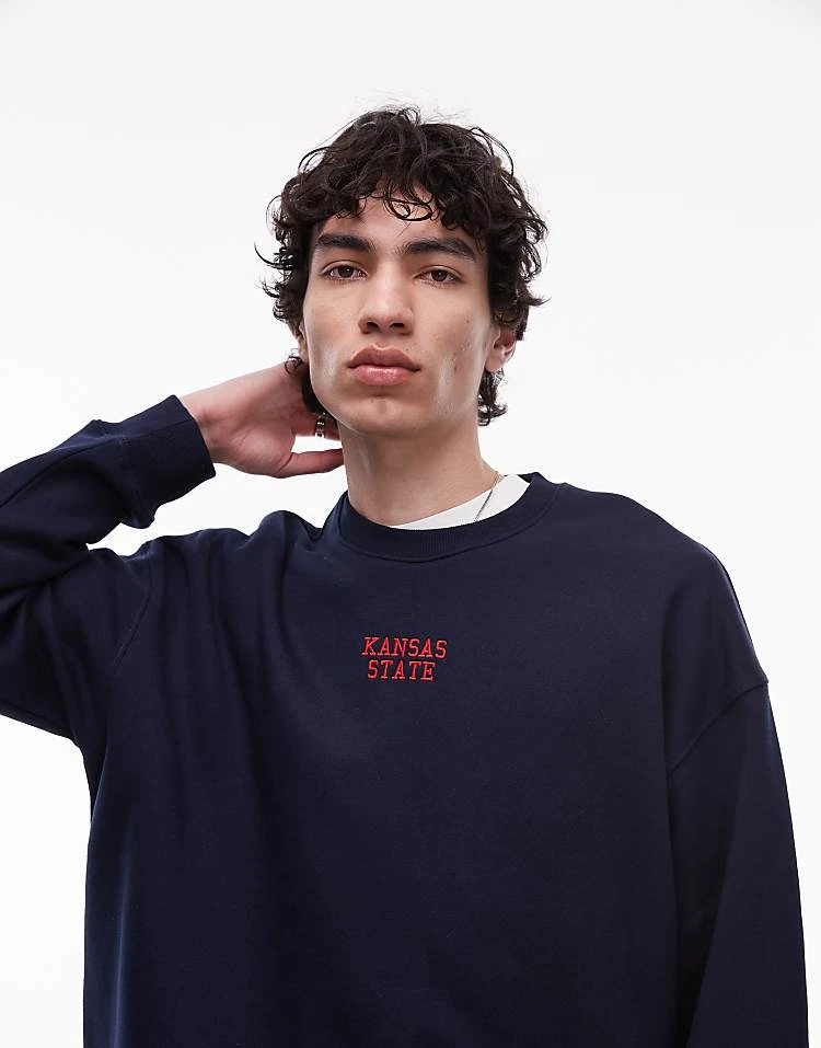 Topman Oversized Fit Sweatshirt With Kansas State Embroidery In Black For Men Navy 3 Topman Oversized Fit Sweatshirt With Kansas State Embroidery In Black For Men Navy